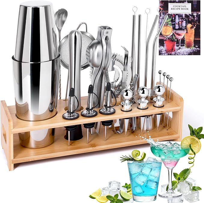 JUSTDOMI 26-Piece Stainless Steel Bar Tool Set Bartender Accessories, Cocktail Shaker Set Bartender Kit with Stand, Cocktails Kit with Muddler for Bar Accessories, Home, Party Cafe Drinks-Style 1
