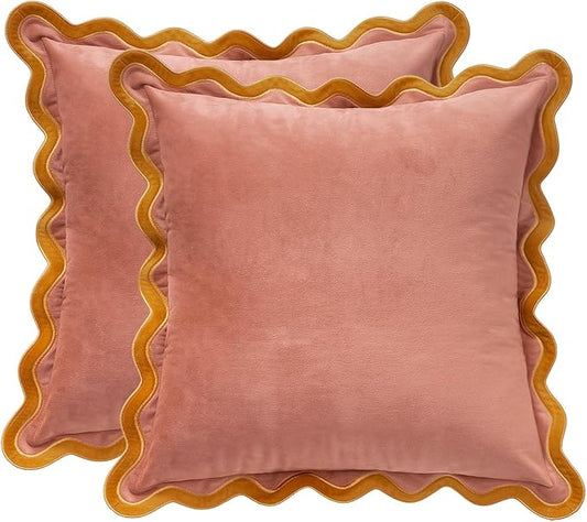 MONDAY MOOSE Decorative Throw Pillow Covers Cushion Cases, Set of 2 Soft Velvet Scalloped Wavy Edge Designs, Mix and Match for Home Decor, Pillow Inserts Not Included (Honey/Pink, 18x18 inch)