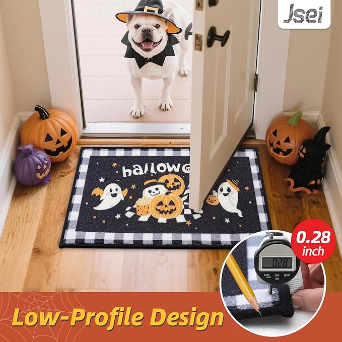 JSEI Halloween Holiday Doormat, 17''x30'' Non-Slip Ghost and Pumpkins Decorative Welcome Mats for Floor, Low-Profile Entryway Rugs Washable, Ghost and Pumpkins Pattern Black