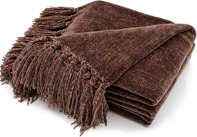 RECYCO Throw Blanket Soft Cozy Chenille Throw Blanket with Fringe Tassel for Couch Sofa Chair Bed Living Room Gift(Brown, 50'' x 60'')