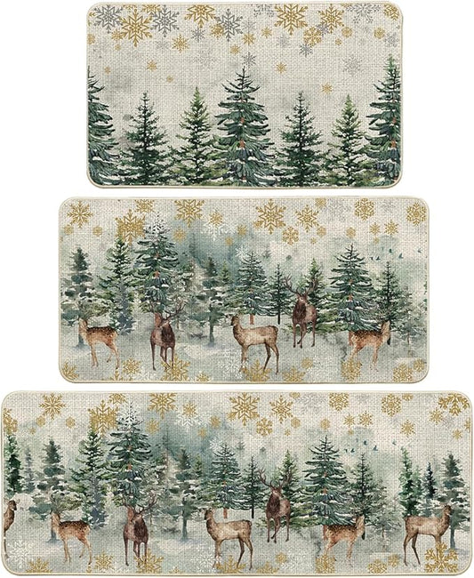 Artoid Mode Xmas Trees Deer Snowflakes Christmas Kitchen Mats Set of 2, Winter Home Decor Low-Profile Kitchen Rugs - 17"x29"+17"x36"+17"x47"