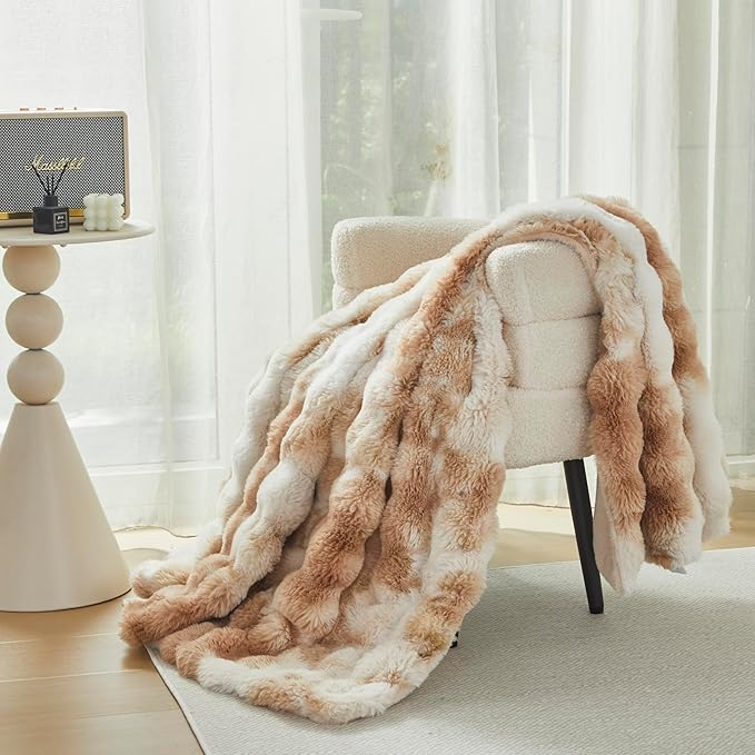 Faux Fur Throw Blanket for Couch Cozy Fuzzy Soft Plush Thick Fluffy Fleece Bubble Blanket for Sofa Bedroom Living Room, 63x79 Inches Caramel