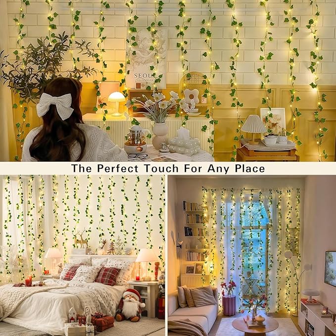 JMEXSUSS Vines Lights for Bedroom, 9.8ft x 9.8ft with Remote, 300 LED Fairy Lights with Vines, Artificial Ivy Curtain Light for Wall Dorm Wedding Indoor Decor