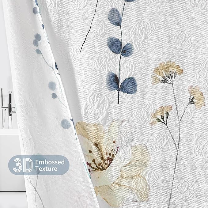 QiyI Long Shower Curtain 72 x 78, Watercolor Floral Bath Curtain, 3D Embossed Butterflies Grey Flower Cloth Bathroom Decor, Waterproof Fabric Rustic Farmhouse Textured Shower Set with Hooks