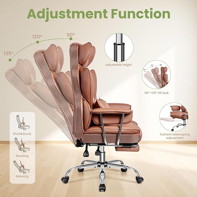 Office Chair 400LBS, Executive Chair High Back Adjustable Managerial Home Desk Chair with Footrest, Big and Tall Office Chairs with Lumbar Support, Brown