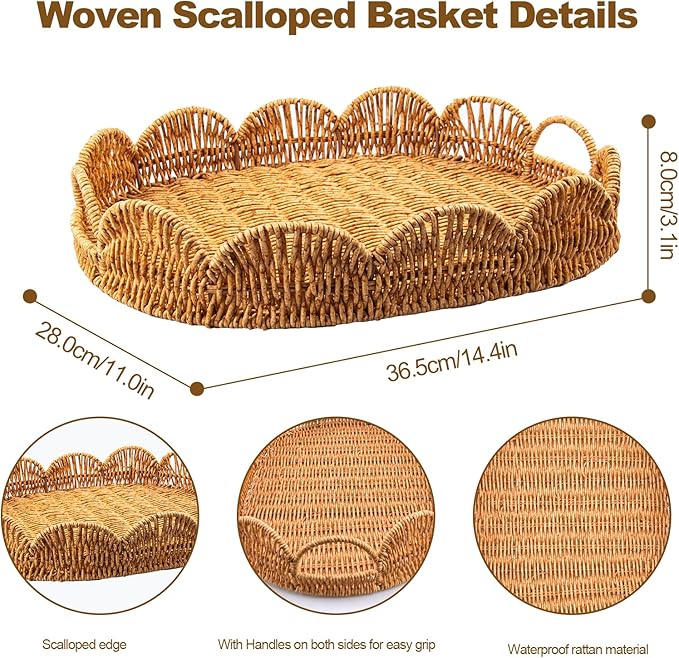 Elliptical Rattan Scalloped Tray, Woven Basket Tray with Bulit-in Handles Scalloped Edges Serving Tray for Coffee Table Living Room Home Decor 14.2" L x 10.9" W x 3.4" H