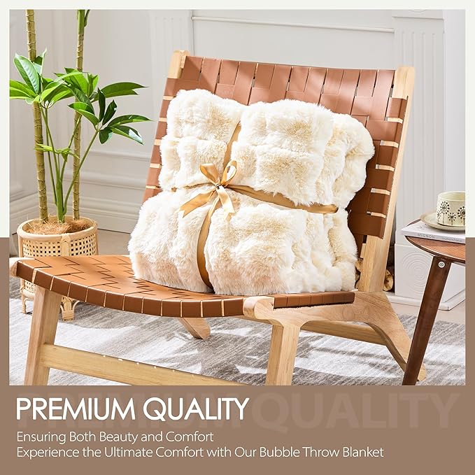 Luxury 1000GSM Faux Rabbit Fur Throw Blanket, Super Heavy Warm Cozy Blankets for Couch Bed Sofa, Bubble Plush Fuzzy Elegant Soft Reversible Mink Blanket for Living Room Bedroom, Cream White