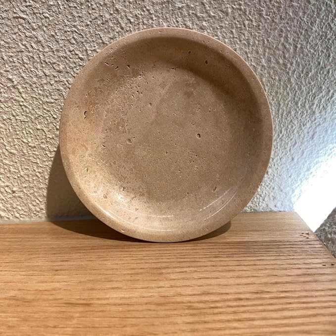 5.9" Round Travertine Ring Dish Jewelry Tray, Marble Trinket Dish Tray, Nightstand Decor, Coaster, Soap Dish, Sponge Holder for Bathroom, Beige