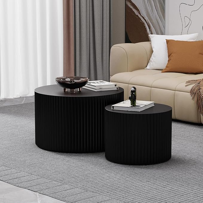 Nesting Coffee Tables Set of 2 Wooden Round Coffee Table Circle Nesting Table Space-Saving Design Modern Coffee Table Round Accent Tables Set for Living Room Bedroom Office (Black D27.5+D19.7“)