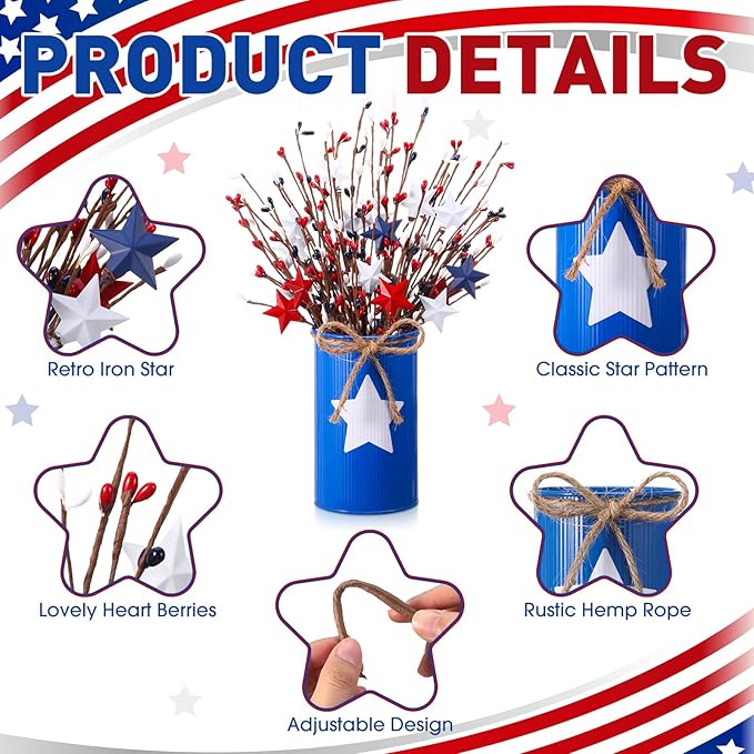 4th of July Table Centerpiece Decoration Patriotic Artificial Flower Stems Star Shaped Berry Picks with Metal Vase Pot for Independence Day Memorial Day Office Home(Blue and White)