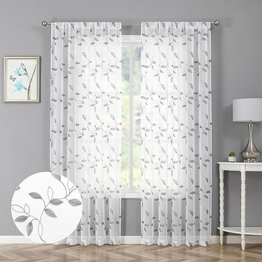 Tollpiz Grey Leaf Sheer Curtain Leaves Embroidered Living Room Curtains Rod Pocket Voile Window Treatment for Bedroom, 54 x 72 inches Long, Set of 2 Panels