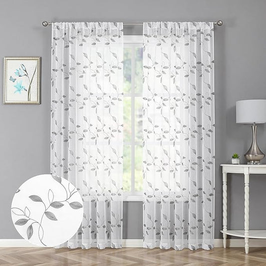 Tollpiz Grey Leaf Sheer Curtain Leaves Embroidered Bedroom Curtains Rod Pocket Voile Window Treatment for Living Room, 54 x 95 inches Long, Set of 2 Panels