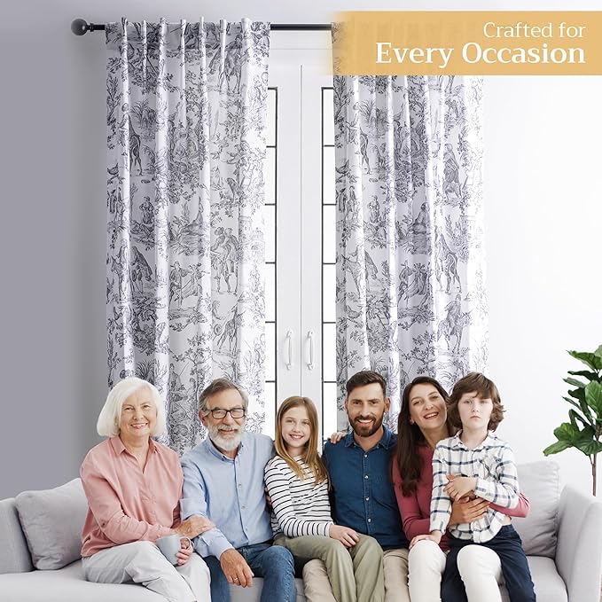 Maison d' Hermine Curtains for Living Room 100% Cotton 108 inch Length One Panel Light Filtering Toile Curtains with Rod and Loop Pockets (The Miller Paloma Gray (White Background), 50" W x 108" L)