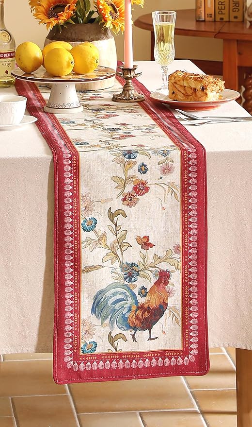 patdrea Designer Farmhouse Linen Table Runner, Rustic Cottage Mauve with Rooster and Floral Pattern Fabric Table Mat, Decoration for Kitchen Dining Coffee Table Banquet Christmas , 12"*71"