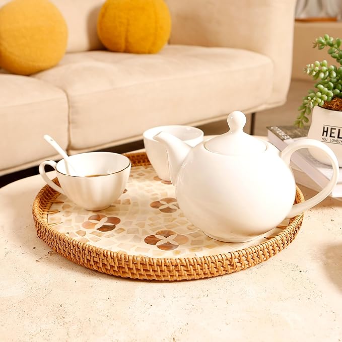 Round Rattan Tray with Mother of Pearl Inlay & Wooden Base - Decorative Wicker Serving Tray for Coffee/Bread/Fruits, Food Storage & Display - Multipurpose Home Decor (M,Four-Petal Flower)