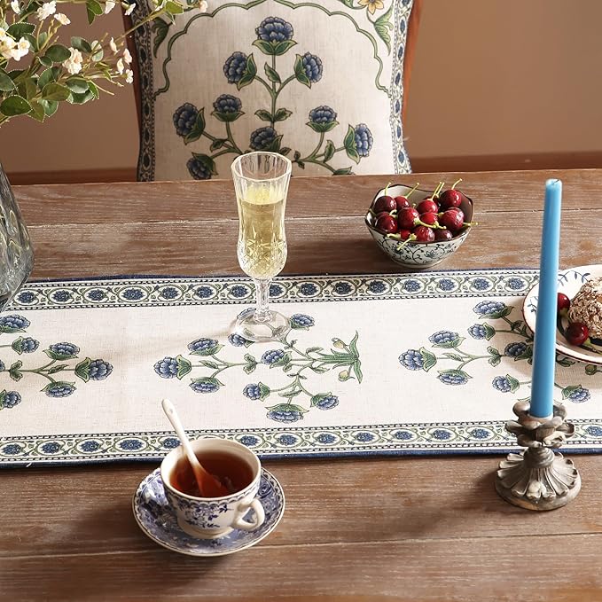 patdrea Designer Blue Rustic Elegant Floral Patterned Extra Long,Wrinkle Resistant Linen Table Runner 118 Inch Long,Decoration for Kitchen Dining and Coffee Tables Banquet Christmas , 12"x118"