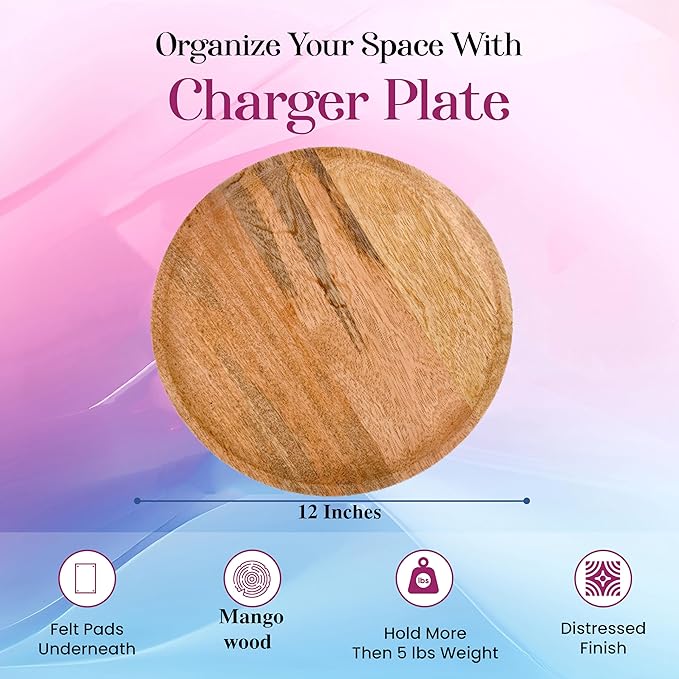 Alpha Living Home 12" Wooden Charger Plates - Set of 2, Elegant & Durable Rustic Dinner Chargers for Weddings, Parties, Receptions, and Special Occasions Table Décor (Natural)