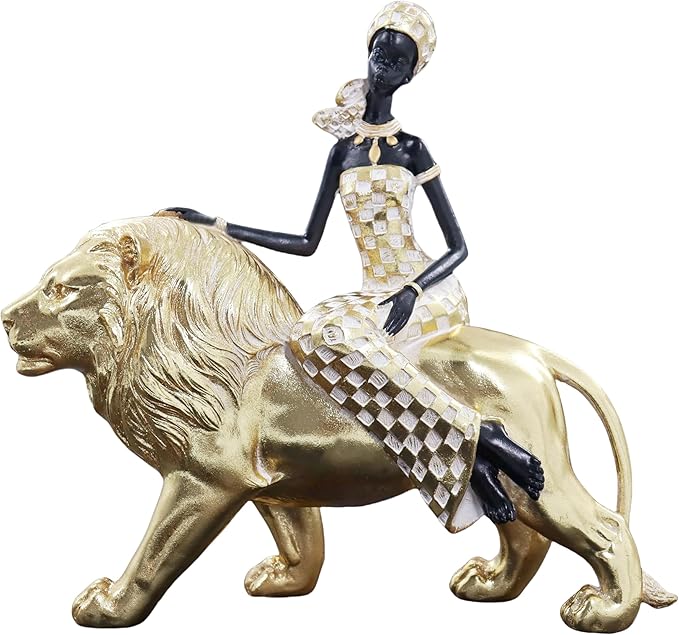 African Woman Riding Lion Statue – Gold Resin Sculpture for Home Decor, African Queen Figurine with Tribal Pattern, Cultural Art Decor for Living Room, Shelf, Office, or Gift