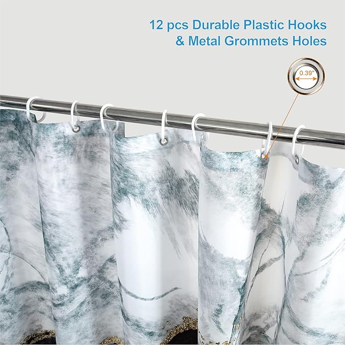 Marble Shower Curtain, Black and White Shower Curtain Set with 12 Hooks, Abstract Luxury Black Marble Shower Curtain with Gold Veins Texture for Bathroom, Waterproof Fabric, 72" W X 72" L