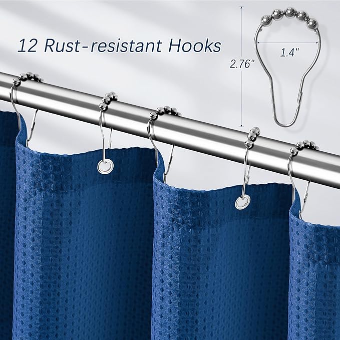 Extra Long Shower Curtains 96 inch Classic Blue Waffle Shower Curtain for Bathroom, Heavy Duty 256GSM Modern Shower Curtain, Machine Washable,Water Resistant with 12 Metal Hooks, 72Wx96H