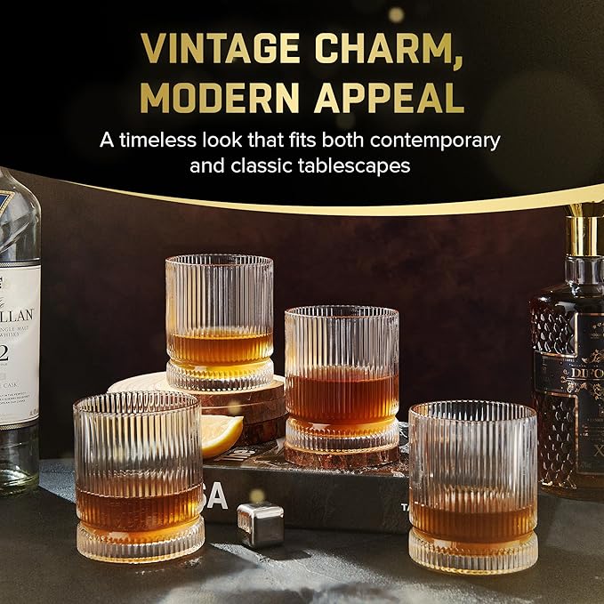 Ribbed Whiskey Glasses Set of 8, 12 Oz Lead-Free Crystal Heavy Base Barware Glass, Perfect for Bourbon Rocks Cocktail Scotch Drinking