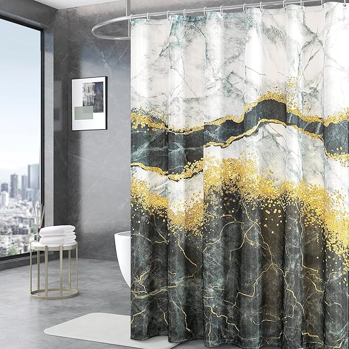 Marble Shower Curtain, Black and White Shower Curtain Set with 12 Hooks, Abstract Luxury Black Marble Shower Curtain with Gold Veins Texture for Bathroom, Waterproof Fabric, 72" W X 72" L