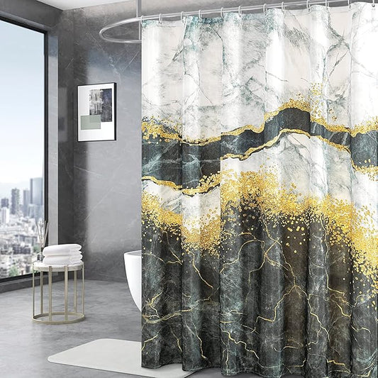 Marble Shower Curtain, Black and White Shower Curtain Set with 12 Hooks, Abstract Luxury Black Marble Shower Curtain with Gold Veins Texture for Bathroom, Waterproof Fabric, 72" W X 72" L