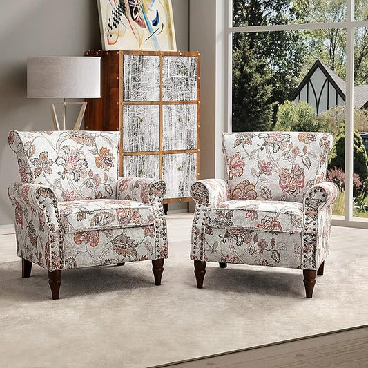 HULALA HOME Modern Wingback Accent Chairs Set of 2 with Wood Legs & Removable Cushion, Comfy Upholstered Armchairs with Nailhead Trim, Floral Pattern Single Sofa Chairs for Living Room Bedroom, Pink
