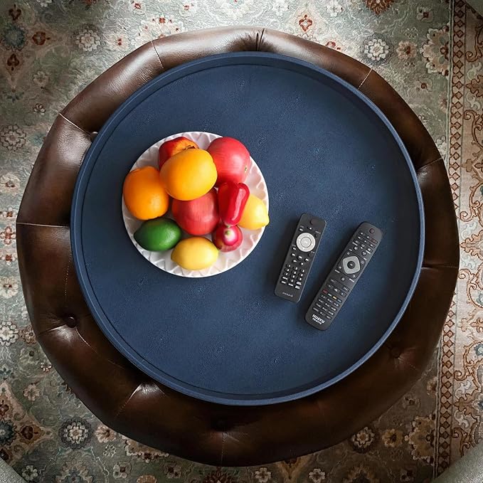 HofferRuffer Large Round Serving Tray 24'', Elegant Faux Leather Circle Ottoman Table Tray, Serve Tea Coffee Breakfast in Bedroom Living Room Kitchen (Blue)