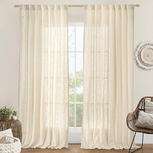 LAMIT 95 Inch Long Linen Curtains for Living Room 2 Panels Set, Light Filtering Semi Sheer Panels Back Tab and Rod Pocket Neutral Curtains for Bedroom/Sliding Glass Door, Beige, 60 x 95 Inch