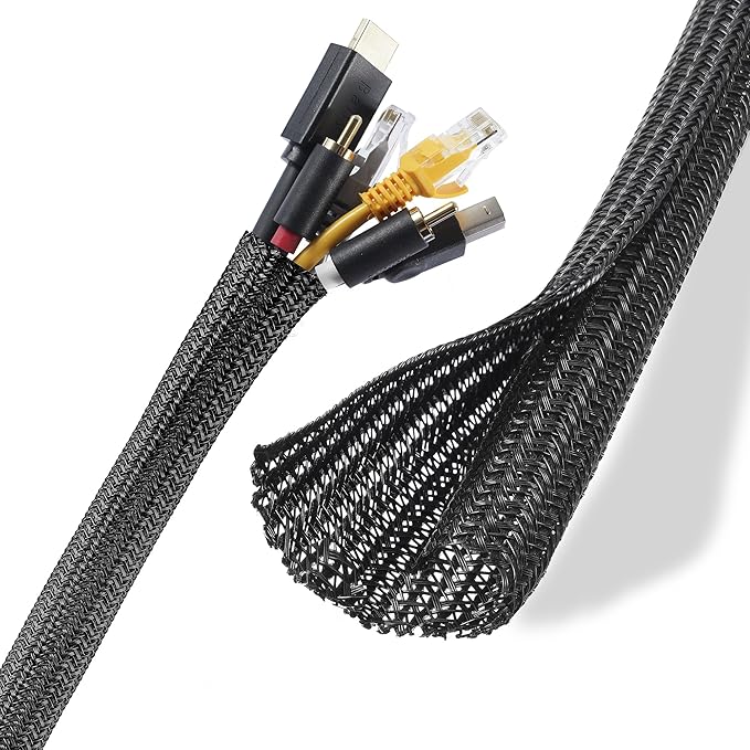 Cable Management Sleeves 1in - 2 Pack 6.6ft Split Braided Sleeve Black, Protectors From Pets, Wire Organizers, Flexible Wrap for Computer Cord Management