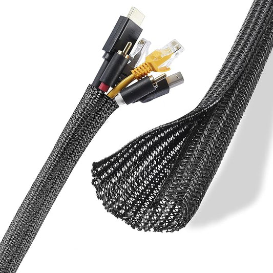 Cable Management Sleeves 1in - 2 Pack 6.6ft Split Braided Sleeve Black, Protectors From Pets, Wire Organizers, Flexible Wrap for Computer Cord Management