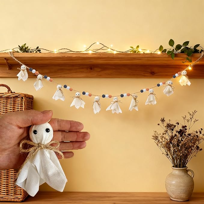 7Ft Halloween Decor Ghost Garland with Wooden Beads - Adjustable Hanging Cute Vintage Banner for Indoor Outdoor Wall Home Fireplace Mantel Spooky Party Decorations