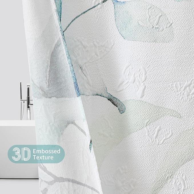 QiyI Eucalyptus Shower Curtain, 3D Embossed Butterflies Bathroom Curtain, Watercolor Green Blue Leaves Minimalist Cloth Bath Curtain, Waterproof Fabric Greenery Shower Curtain Set with Hooks, 72x72