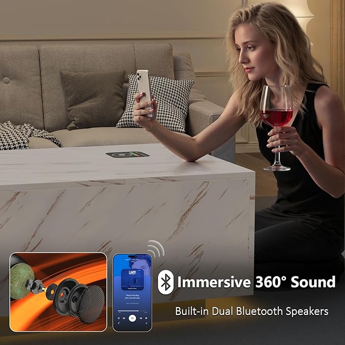 LED Coffee Table, 47.2" Lift Top Coffee Tables with Drawers and Large Storage, Smart Living Room Table with Wireless Charging & Bluetooth Speaker, Dining Center Tables with Storage Shelf