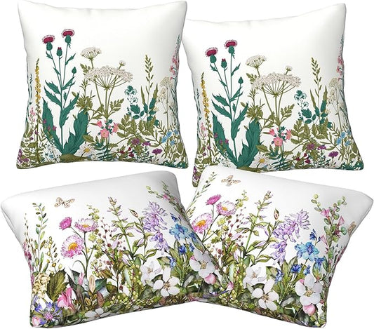 Wildflowers Throw Pillow Covers 18x18 Set of 4 Farmhouse Decorative Pillow Covers Floral Outdoor Patio Pillow Cases Cushions Cover for Living Room Couch Sofa Bed Home Decor