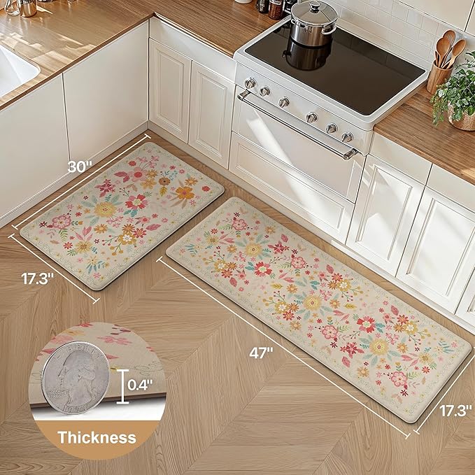 GENIMO Kitchen Mats for Floor 2PCS, Cushioned Kitchen Rugs Non Slip Washable, Farmhouse Anti Fatigue Mat Waterproof, Comfort Standing Mat Rug for Office, Home, Laundry, 17.3"x47"+17.3"x30", Beige