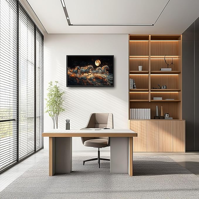 Horse Wall Art, White Horses Pictures Wall Decor, Running Animal in Moonlight Canvas Prints Painting, Large Framed Artwork for Living Room Office Bedroom Bathroom Corridor 36"x 24"