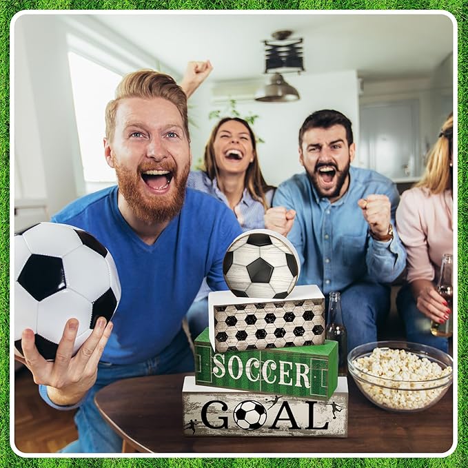 4 Pcs Soccer Party Decorations Soccer Table Centerpiece Football Tiered Tray Decor Wooden Ball Block Signs Gift Sports Themed Table Decorations for Boys Baby Shower Party Supplies Decor