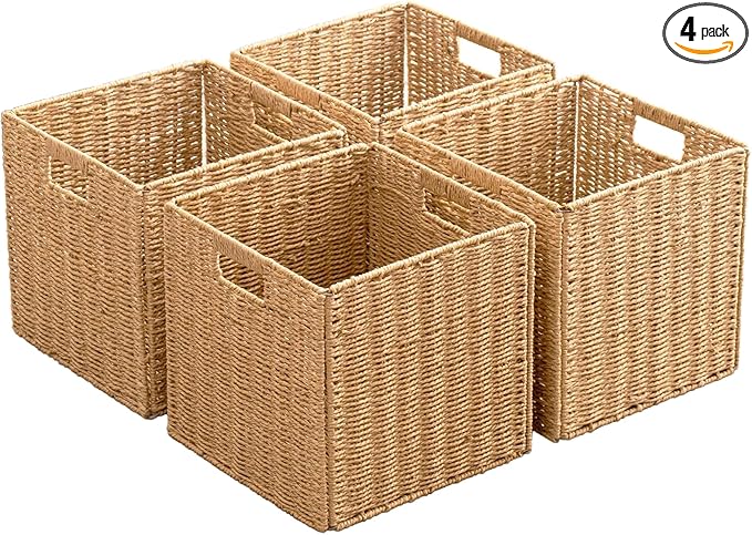 Foldable Storage Baskets with Handles Paper Rope Storage Baskets Rectangle Collapsible Hand Woven Storage Cubes Bins for Organizing Shelves Living Room Bedroom Pantry (4, 13'' x 13'' x 13'')