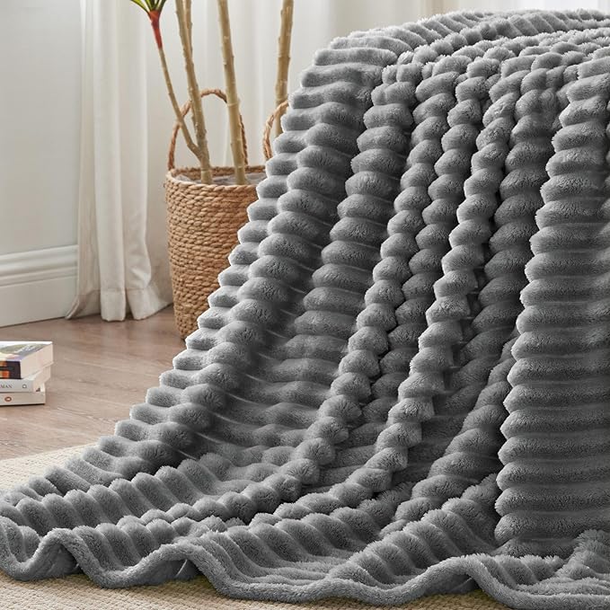 BEDELITE King Size Blanket for Bed, 300GSM Soft & Warm Fleece Blanket, Decorative and Giftable Striped Grey Blankets for Women, Men, 108"x90"