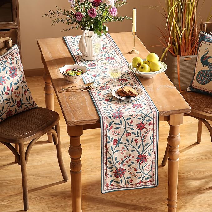 Farmhouse Berry Red Floral Cloth Runner for Coffee Table,71 Inches Long Linen French Table Runners,Decor Tabletop for Kitchen,Dining,Tea Party,Home,Christmas,12"*71"