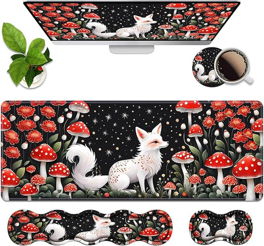 4 in 1 Ergonomic Memory Foam Mouse Pad Wrist Rest Set, Large XXL Gaming Desk Pad + Keyboard Wrist Rest + Mouse Wrist Cushion + Coaster for Home Office Study Gaming, White Fox Mushroom