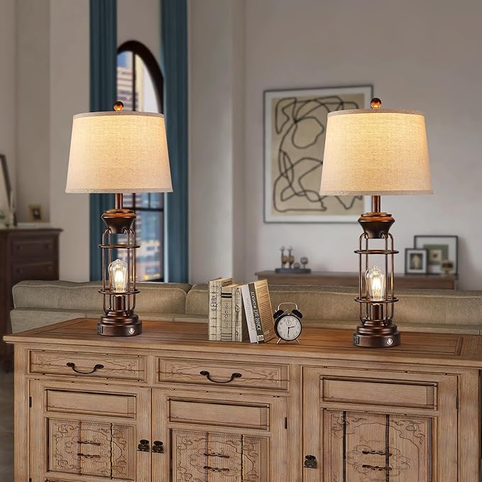 Table Lamps for Living Room Set of 2, 28.5" Farmhouse Lamps for Nightstand with USB C+A Ports, Touch Lamps for Bedroom, LED Bulbs Included