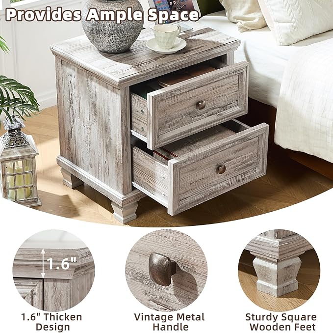 Farmhouse Nightstand Set of 2 for Bedroom, Mid-Century Low Nightstands with 2 Drawers & Charging Station, Vintage Night Stands with 4 Square Solid Wood Legs, Small Dresser for Home, Grey