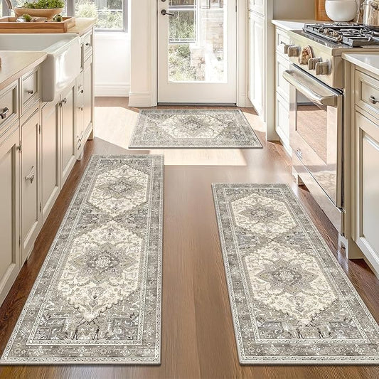 Yamaziot Boho Washable Kitchen Rugs Sets of 3, Non Slip Kitchen Mats for Floor with Rubber Backing, Waterproof & Stain Resistant Carpet Runner Throw Rug for Kitchen, Laundry Room, Hallway, Beige Grey