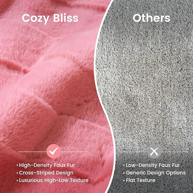 Cozy Bliss Fluffy Faux Fur Blanket Queen Size for Bed, Fuzzy Soft Striped Plush Blanket, Thick Throw for Bedroom Couch Gift, 90x90 Inches Pink