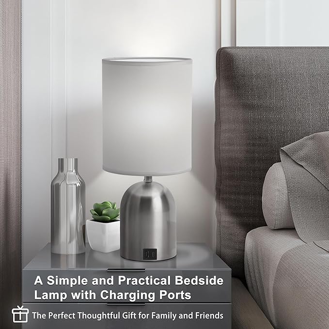 Bedside Table Lamp for Bedroom, 3 Way Dimmable Touch Small Desk Lamp for Office with USB Charging Port Lamps for Living Room, Bedroom, Reading Room, Office, Grey/Sliver, Silver