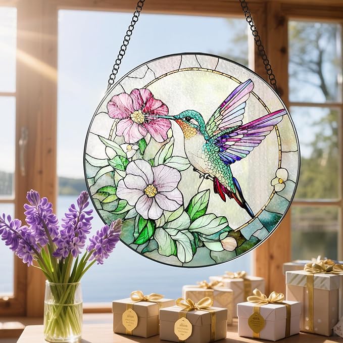 Hummingbird Suncatcher Stained Glass, Stain Glass Window Hanging, 8 Inch Stained Glass Decor, Bird Wall Art, Hummingbird Gifts, Gifts for Mom, Indoor Decor, Memory Sympathy Gift