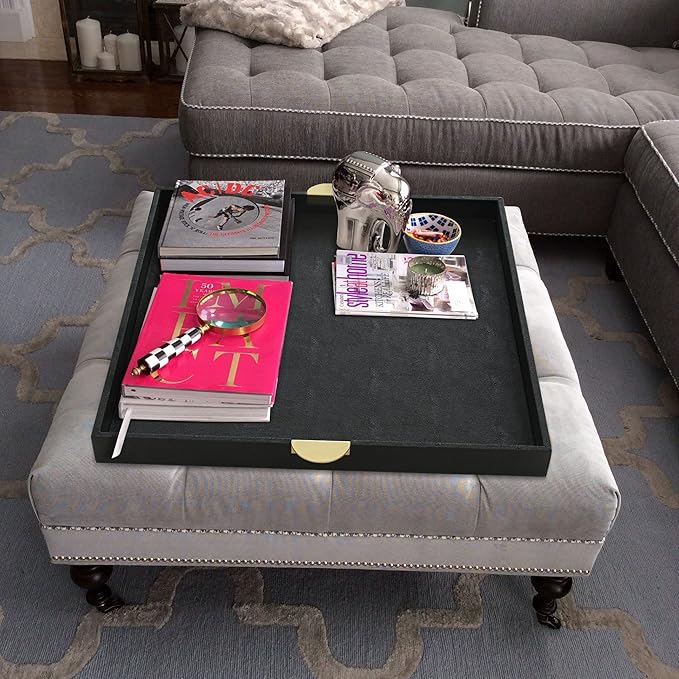 HofferRuffer Extra Large Square Serving Tray, Elegant Faux Leather Ottoman Tray with Gold Hardware Handles, Serve Tea, Coffee or Breakfast in Bed, 23.6 x 23.6 inches, Black Large Square